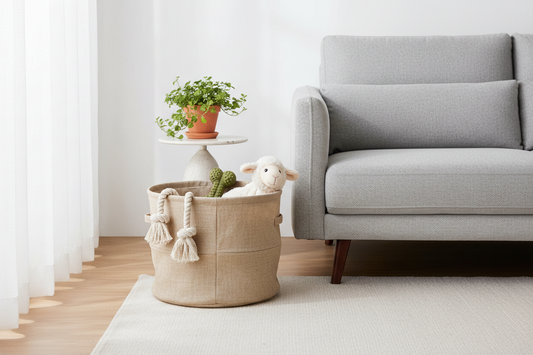 Neutral linen dog toy storage bin placed beside a sofa in a minimalist living room — dog toy organization guide by LAVORA