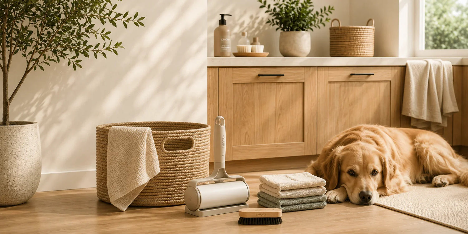 Modern pet-friendly clean home interior with reusable lint roller and organized living space by LAVORA
