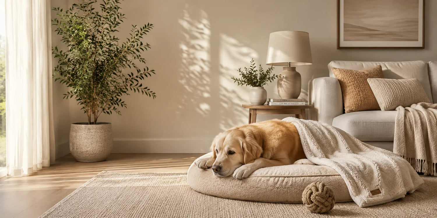 Warm modern living room with soft pet bedding, neutral textiles, and a calm dog resting comfortably in a beautifully designed shared home.
