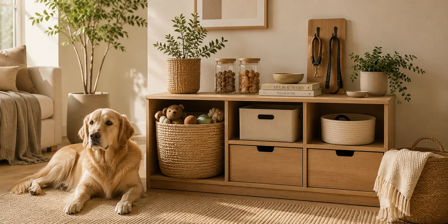 Warm modern home with organized pet storage baskets, treat jars, leash holders, and a calm dog in a minimalist living space.