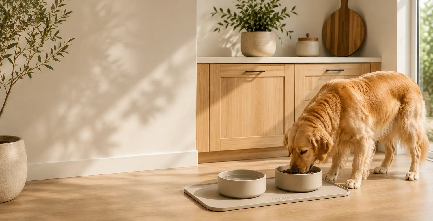 Modern pet feeding corner with a dog using minimalist feeding bowls in a warm contemporary home, selected by LAVORA.