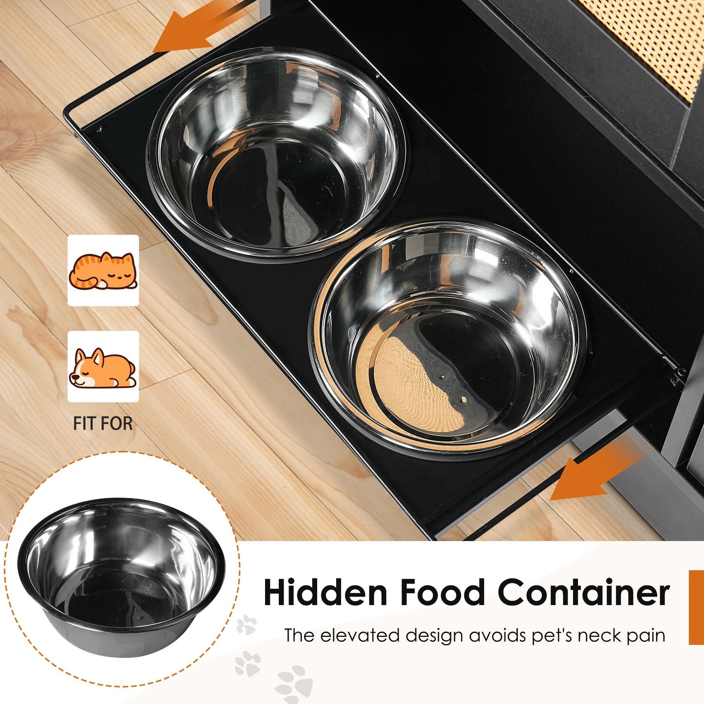 Feeding Station with 2 Lockers and Elevated Bowls – Black