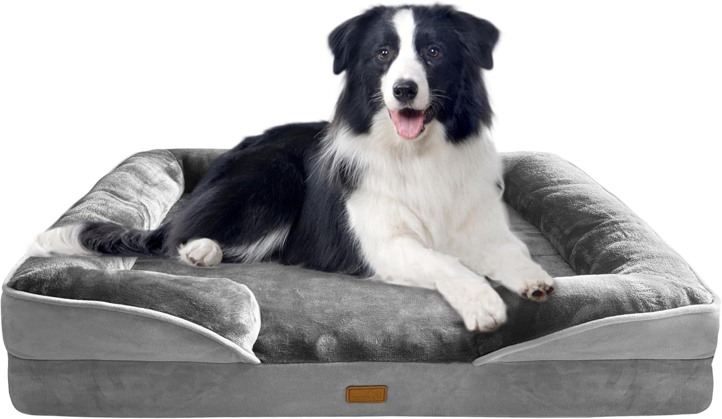 Dog sofa bed with a bolster edge for dogs that rest against a raised side