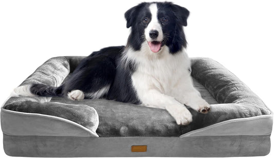 Dog sofa bed with a bolster edge for dogs that rest against a raised side