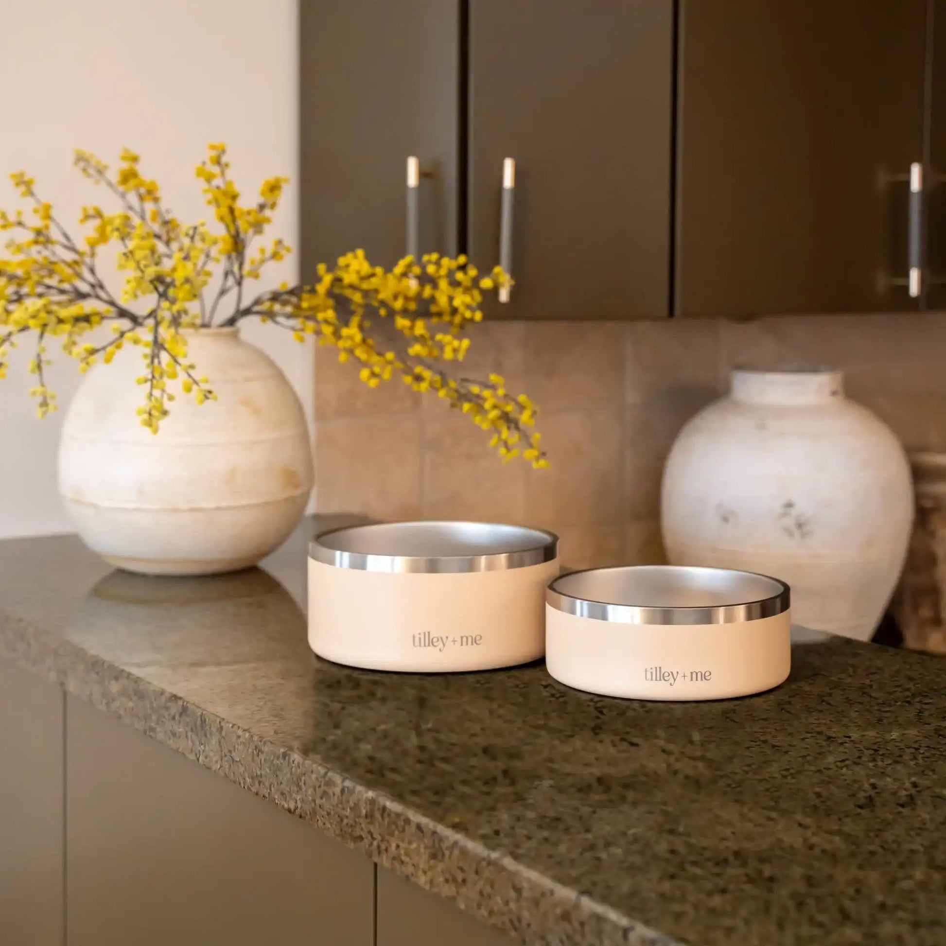 Tilley + Me stainless steel pet bowls shown in a range of colour finishes