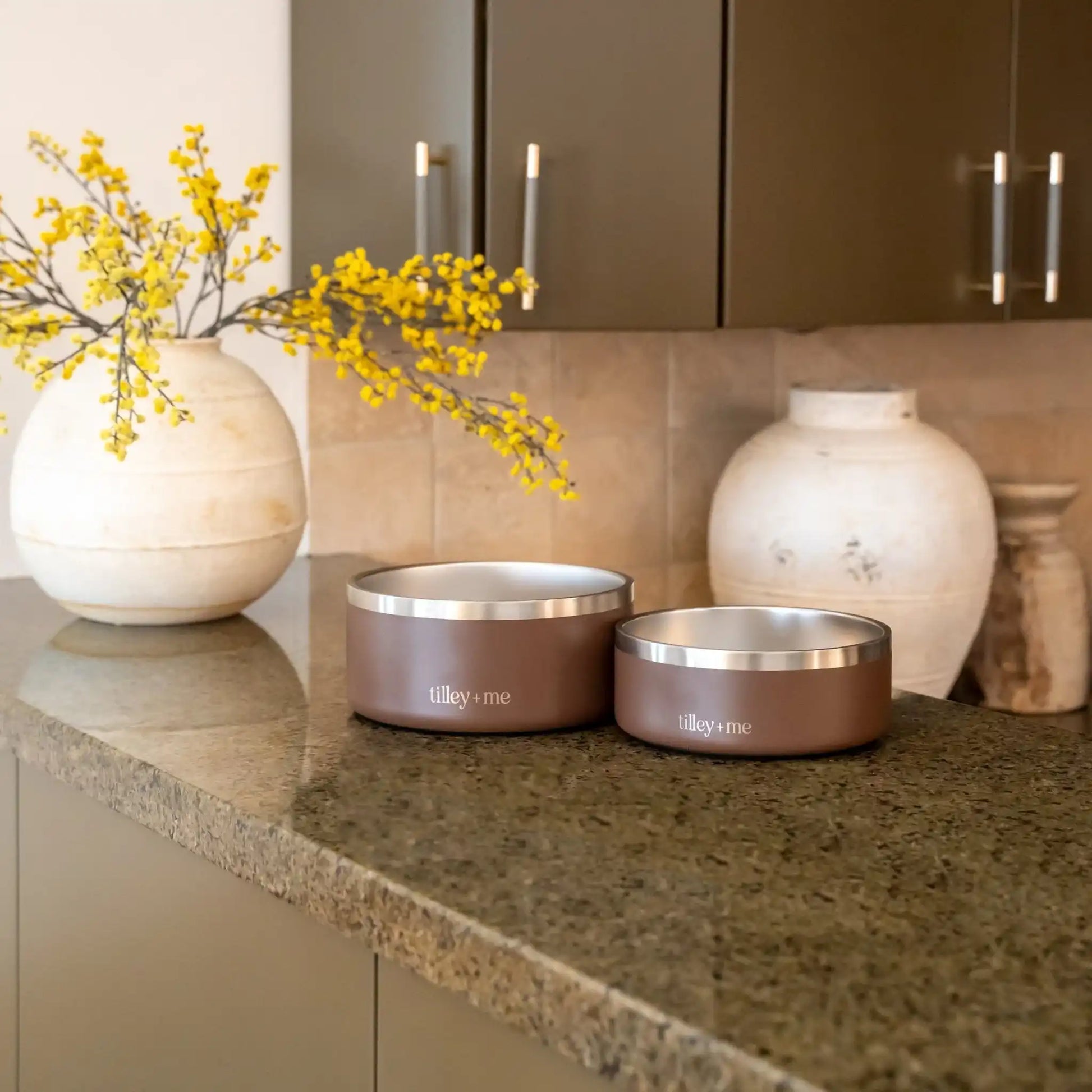 Tilley + Me stainless steel pet bowls in a range of colour finishes