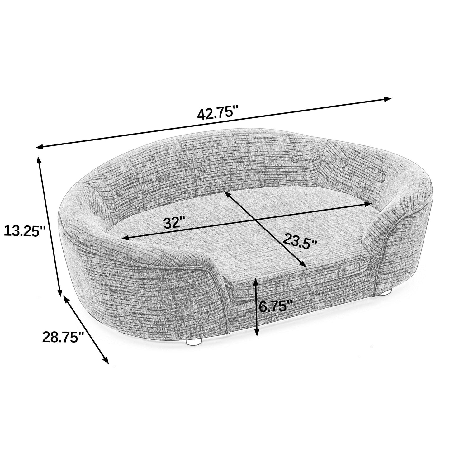 Oversized oval dog sofa showing 42.75 inch length, 28.75 inch width, and 13.25 inch height