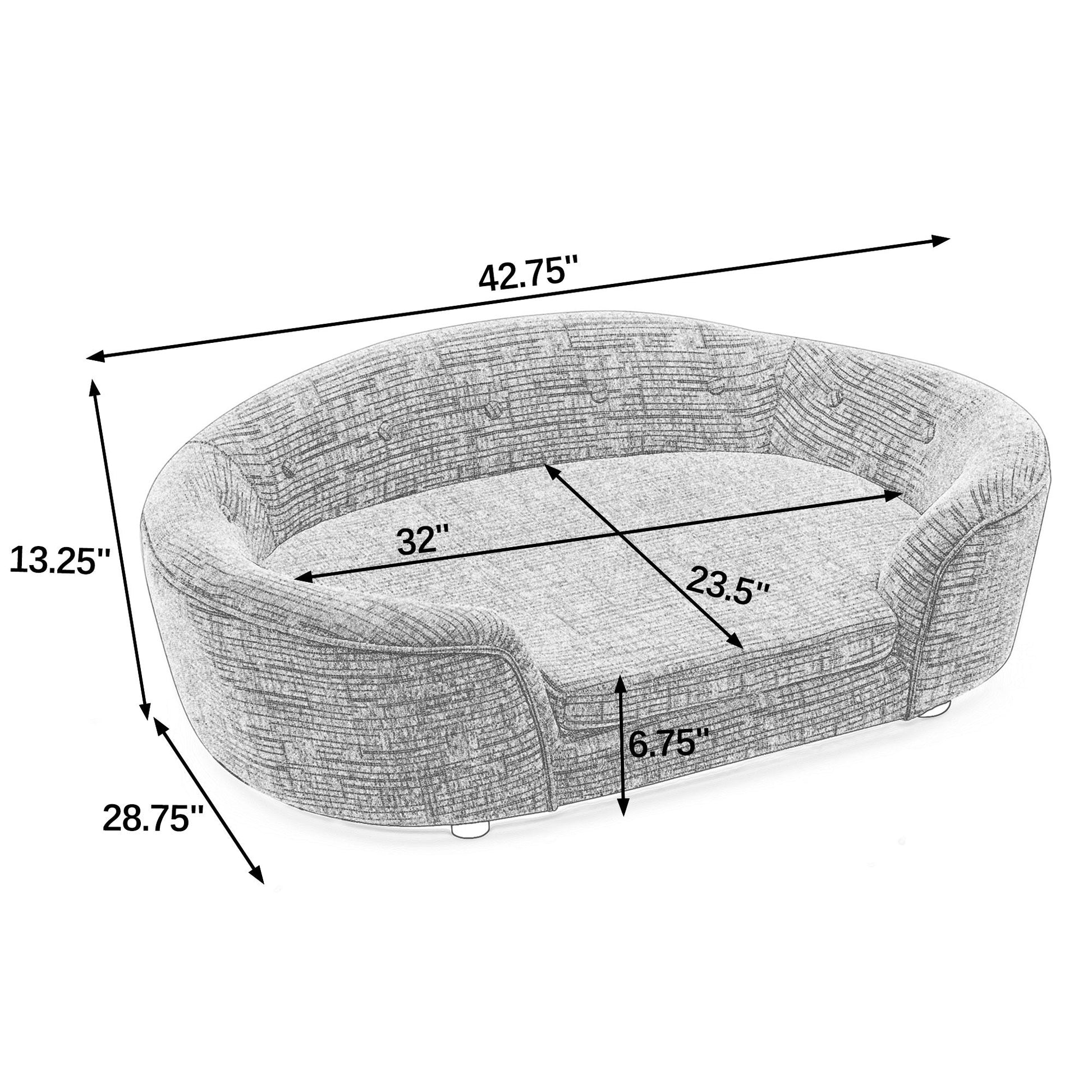 Oversized oval dog sofa showing 42.75 inch length, 28.75 inch width, and 13.25 inch height