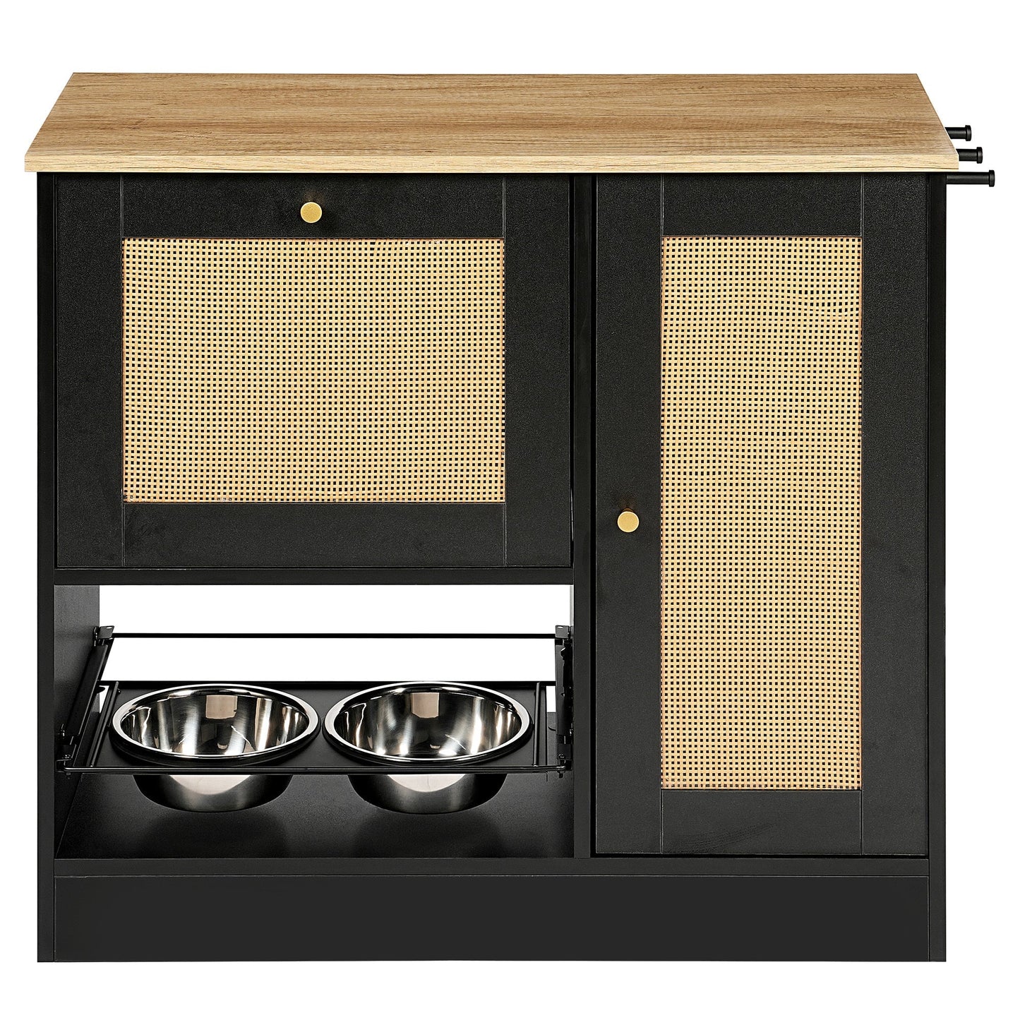 Feeding Station with 2 Lockers and Elevated Bowls – Black