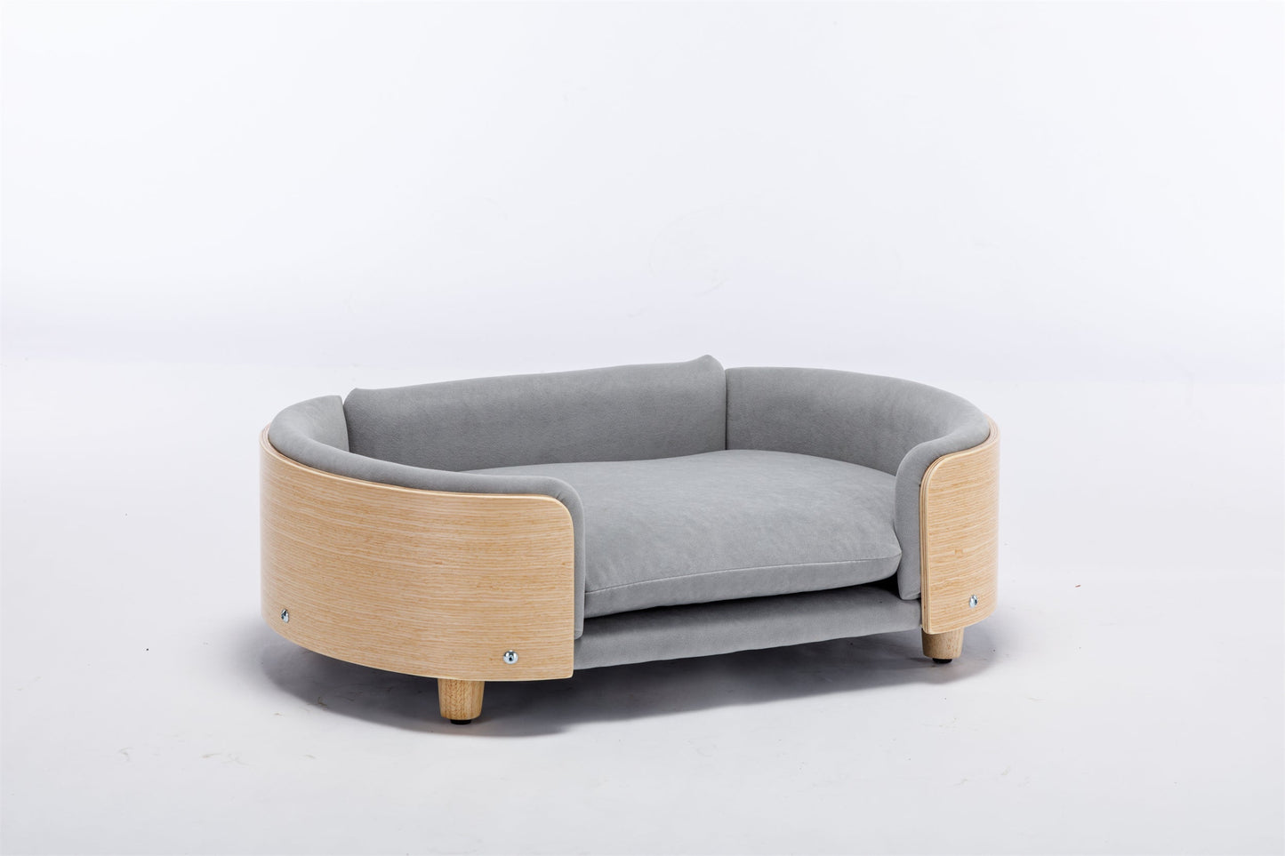 Scandinavian elevated dog bed with a light grey velvet cushion