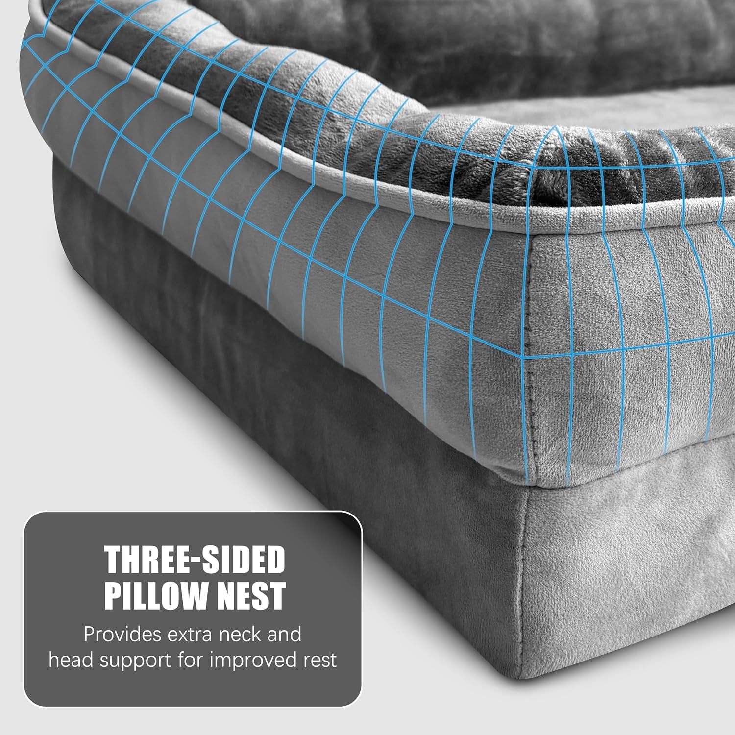 Dog sofa bed with a cushioned base and raised bolster surround