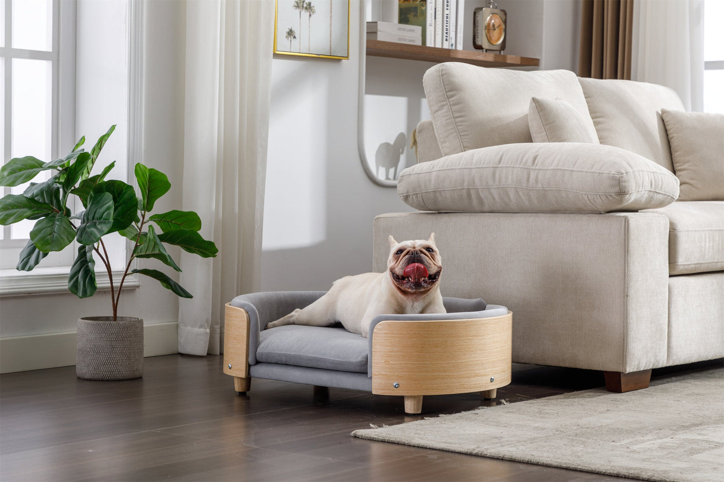 Light grey velvet cushion on a raised Scandinavian-style dog bed