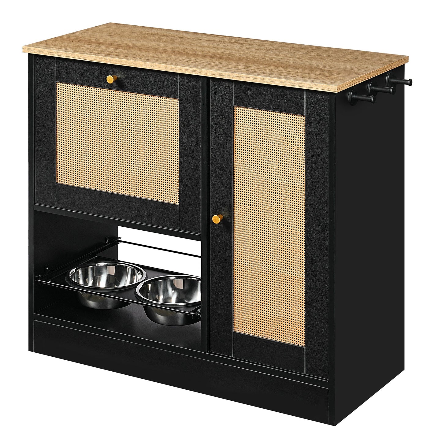 Feeding Station with 2 Lockers and Elevated Bowls – Black