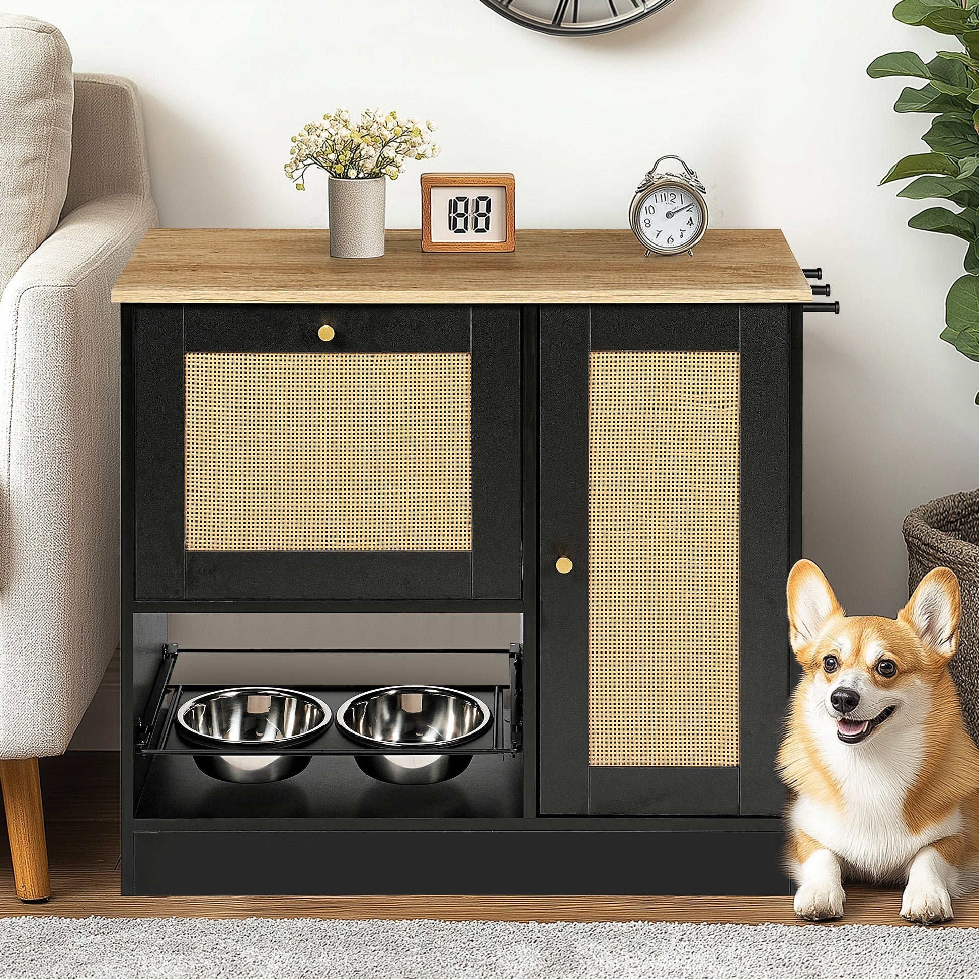 Adjustable elevated pet bowls with two height positions inside a black feeding station cabinet