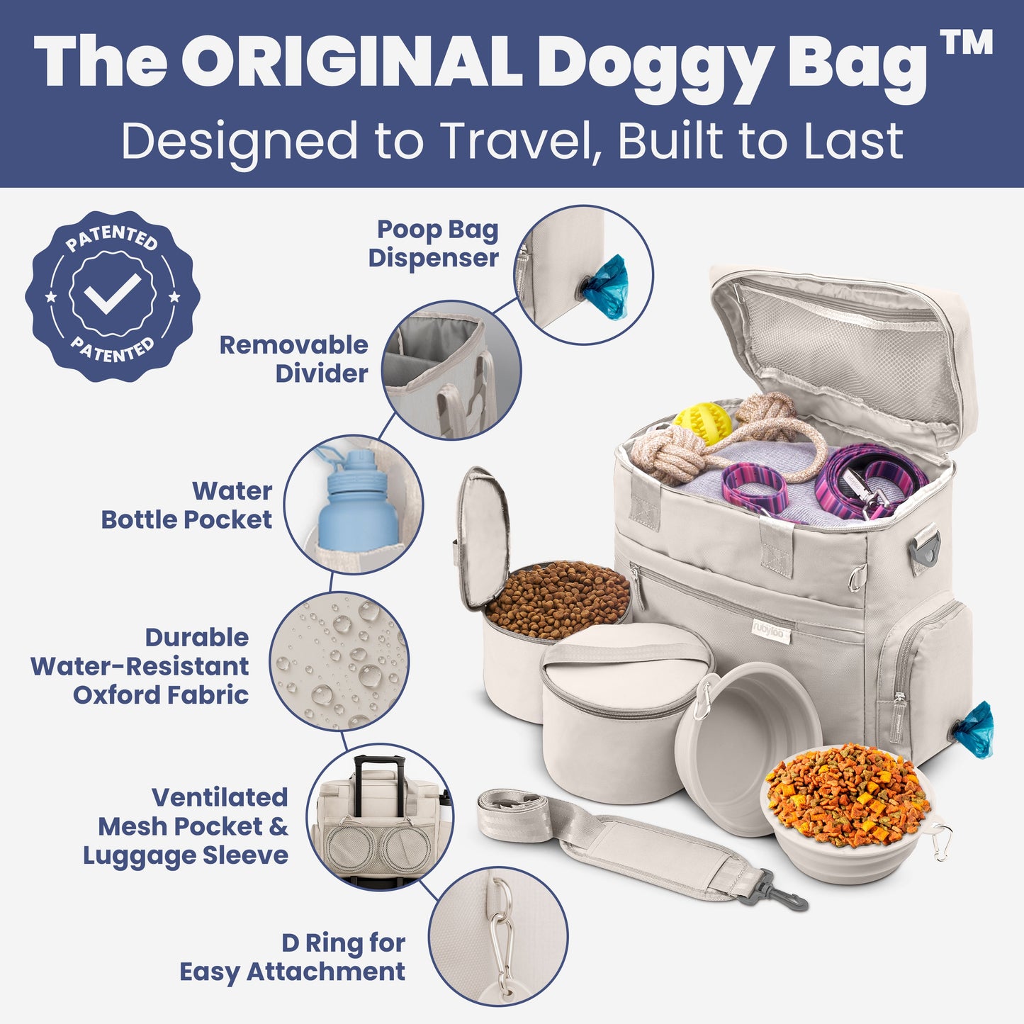 Feature overview of the Rubyloo dog travel bag for supplies