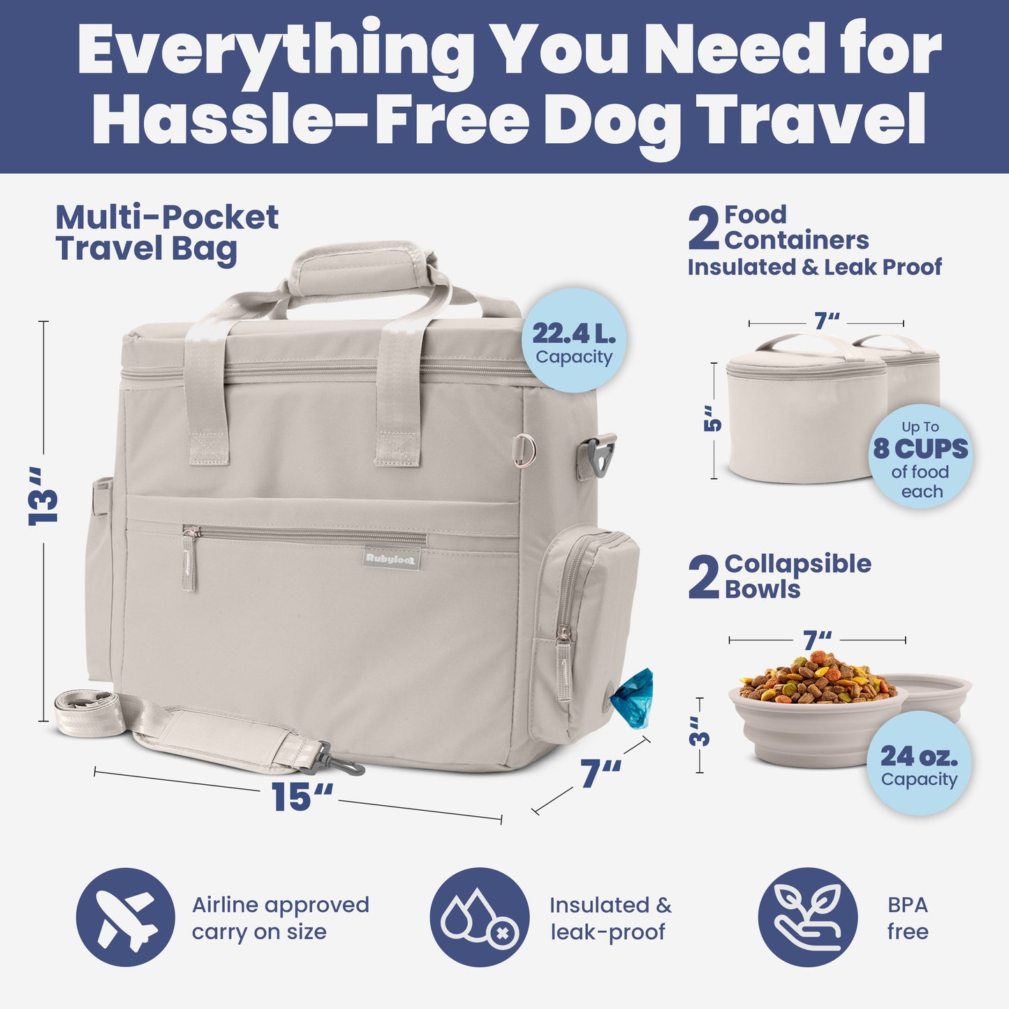 Dimensions and capacity guide for the dog travel bag for supplies