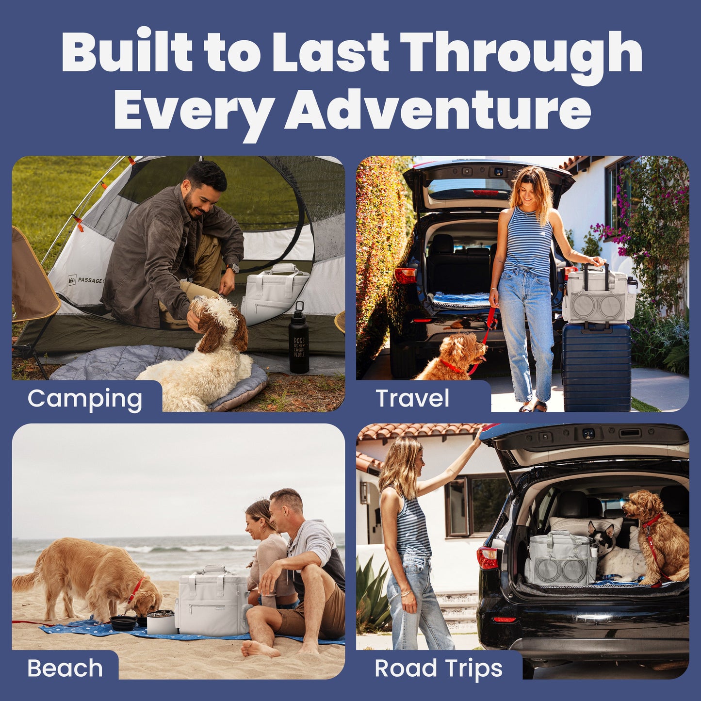 Dog travel bag used for camping, beach, and road trip pet essentials