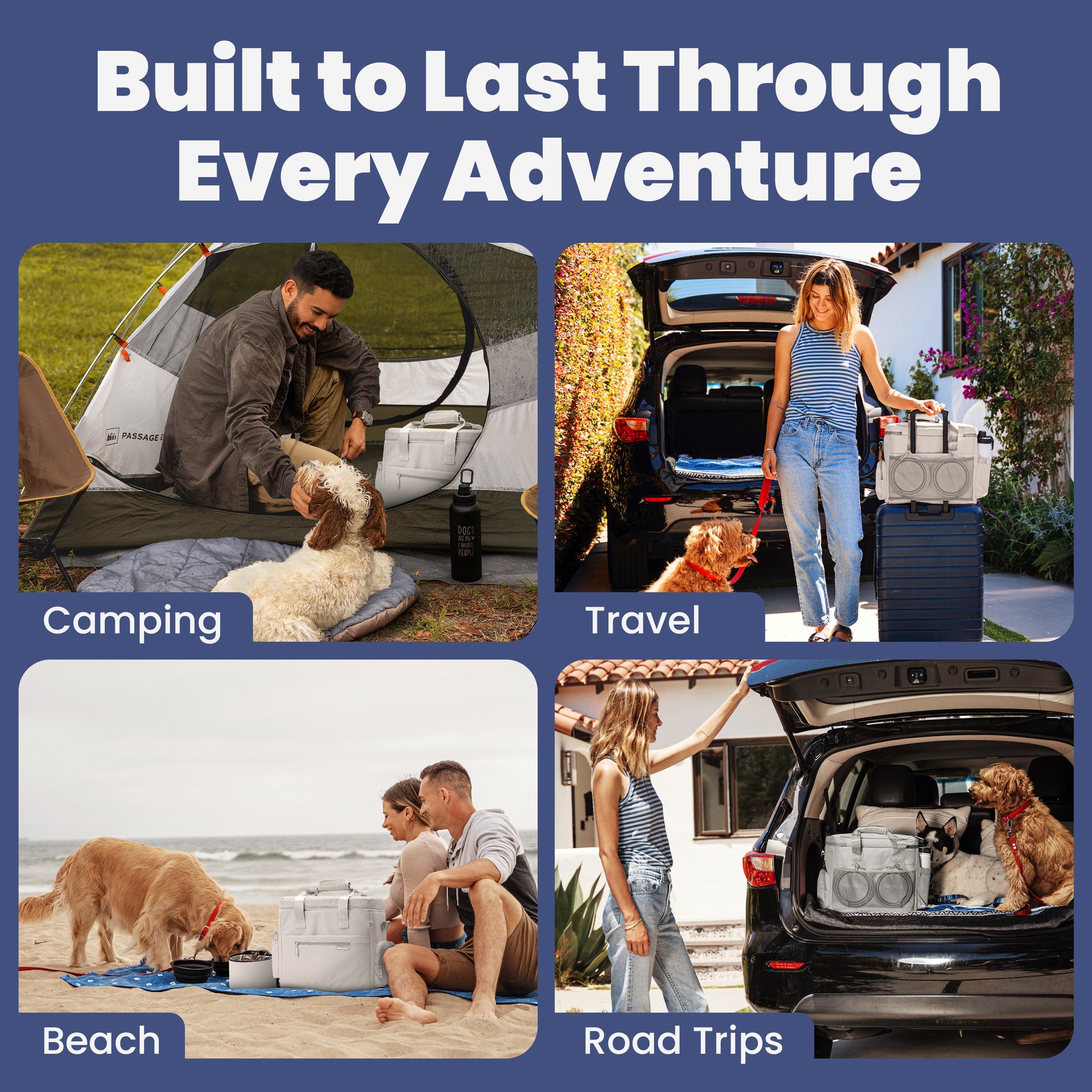 Dog travel bag used for camping, beach, and road trip pet essentials