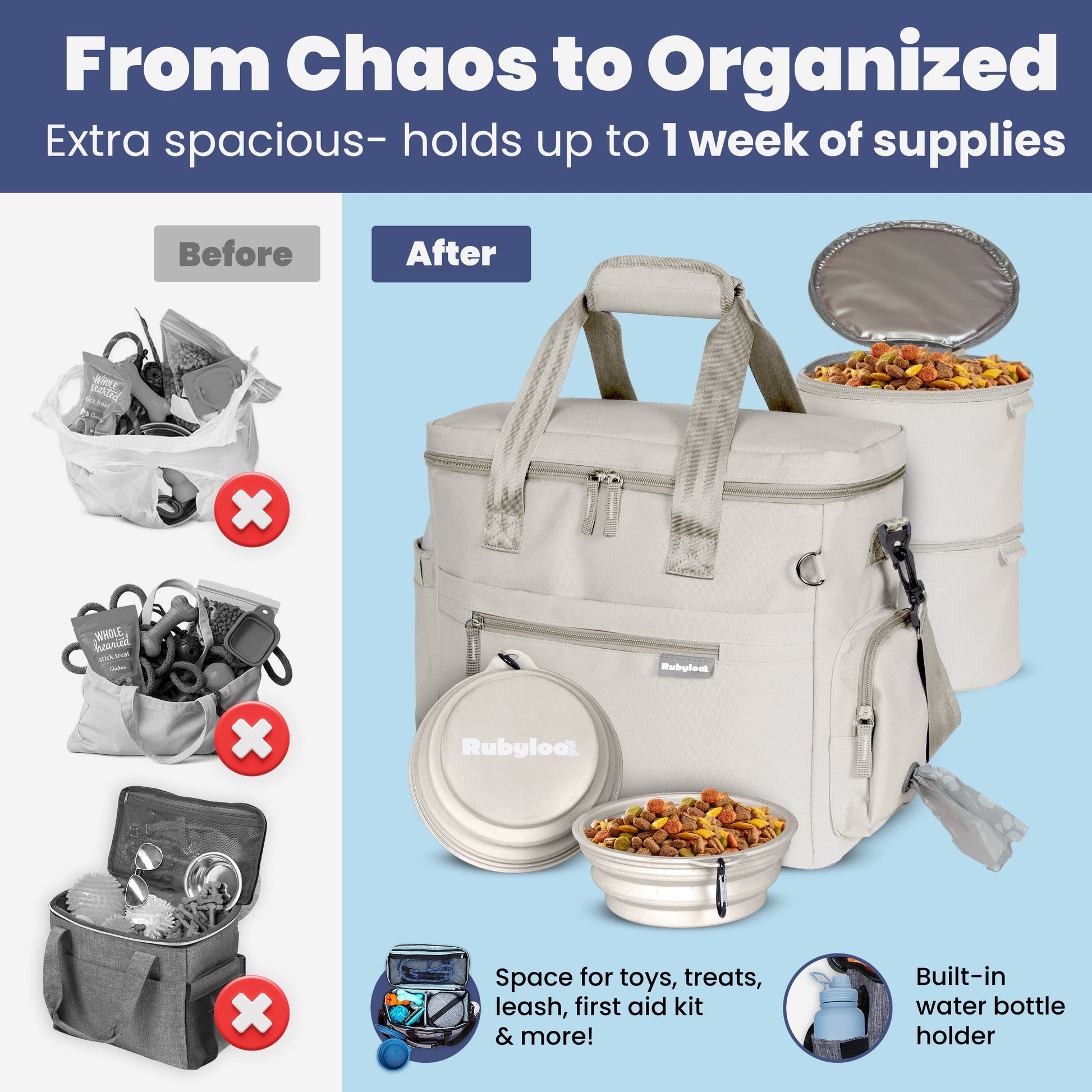 Dog supplies shown disorganized and then packed neatly into the travel bag