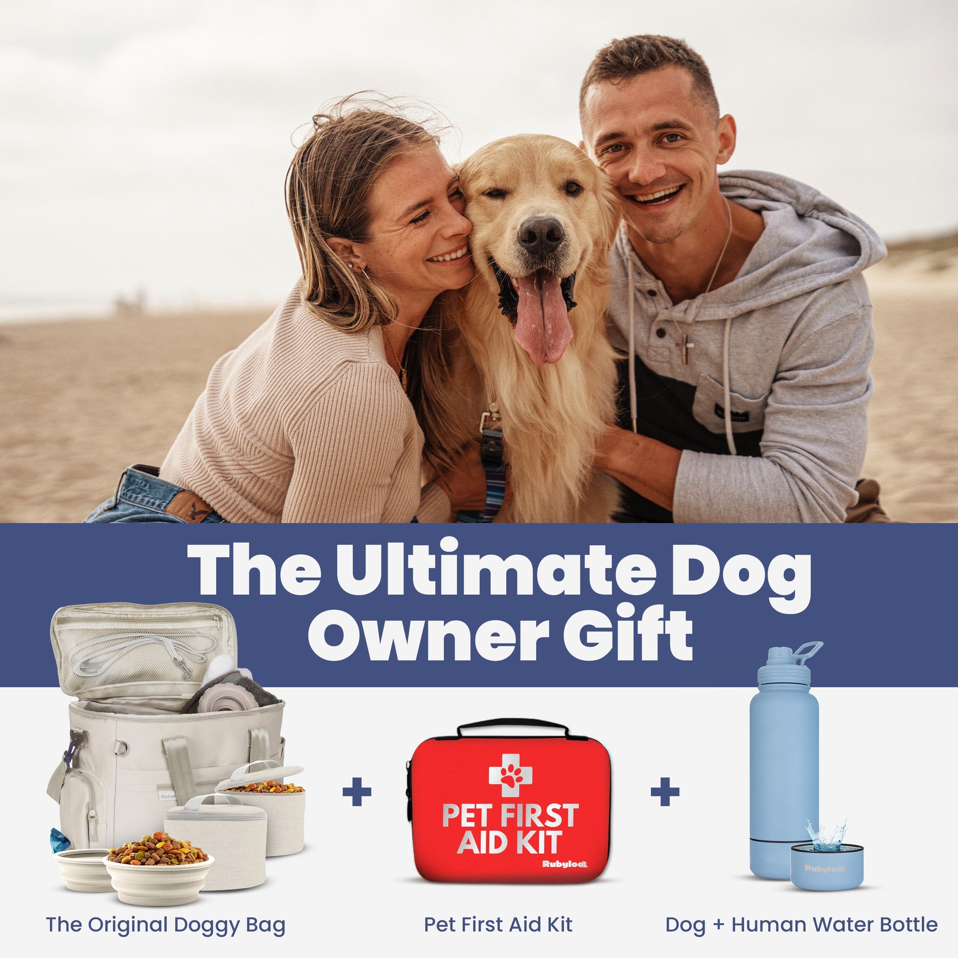 Dog travel bag packed with a first aid kit and water bottle