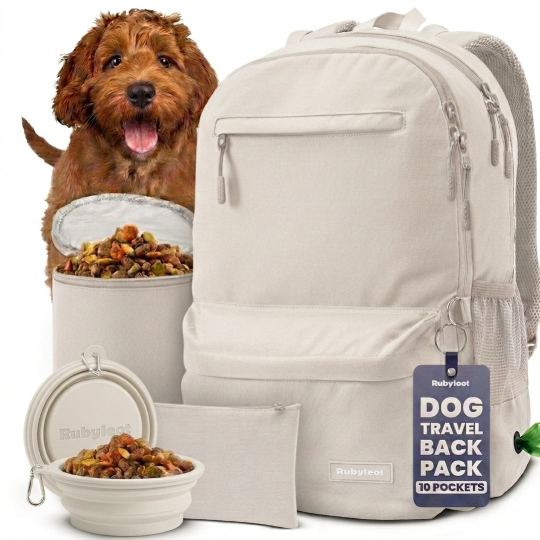 Beige dog travel backpack for organized pet travel