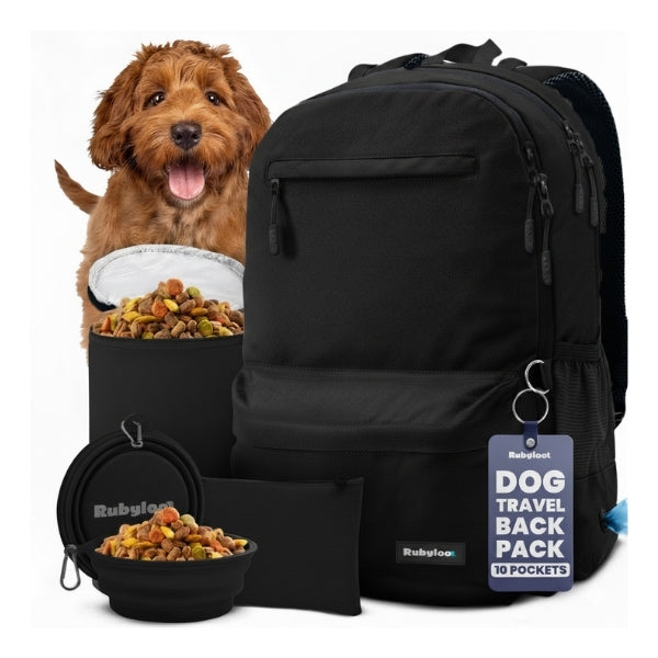 Black dog travel backpack for walking, travel, and feeding essentials