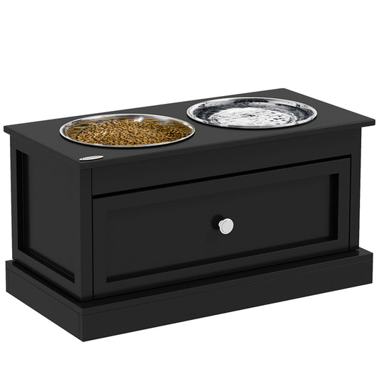 Black elevated dog bowl stand with two stainless steel bowls and storage drawer — selected by LAVORA