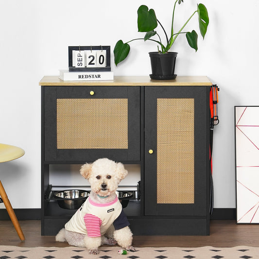 Black furniture-style pet feeding station with elevated stainless steel bowls, storage lockers, and side hooks — selected by LAVORA