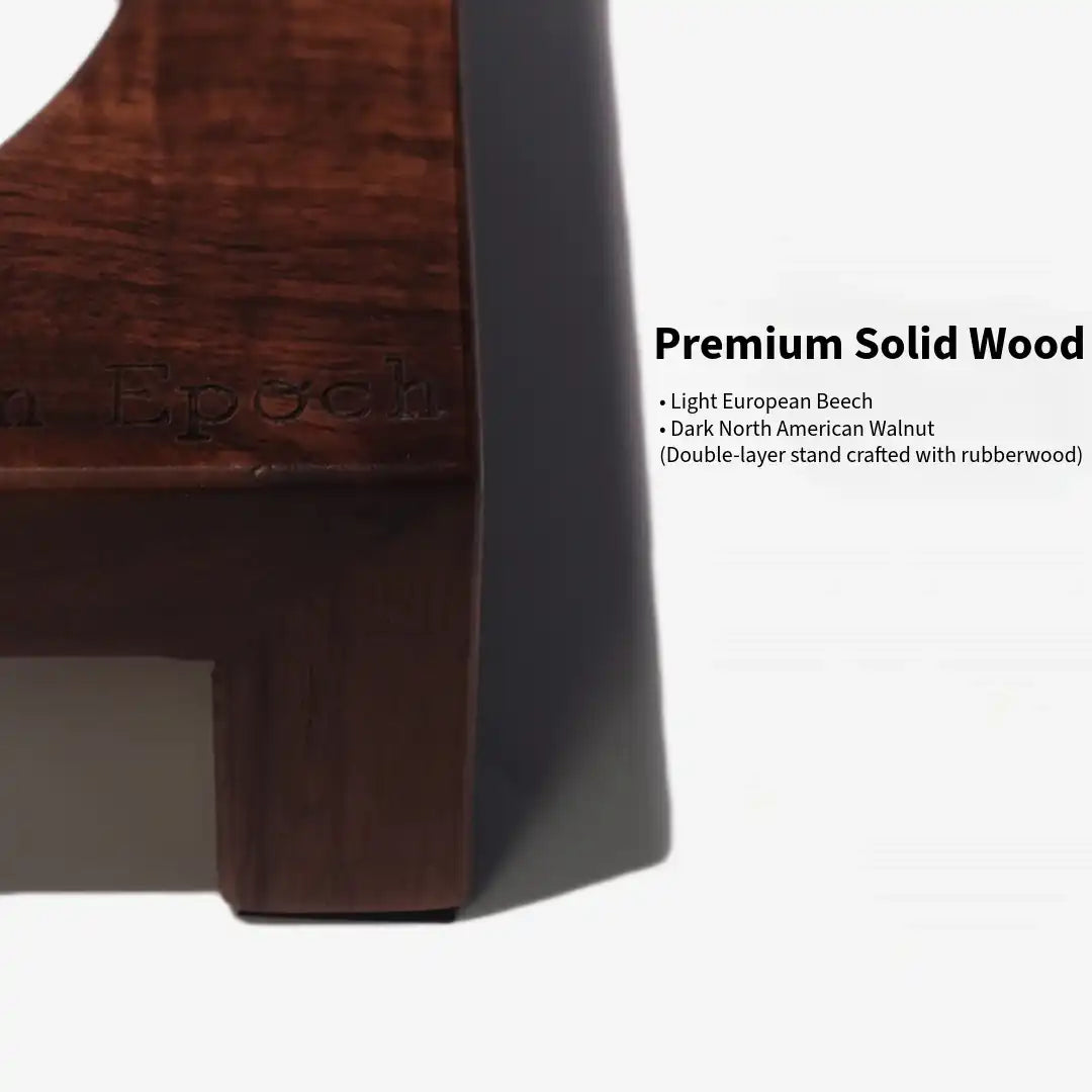 Close-up of a wooden product with 'Epoch' branding and text about wood types on a white background.