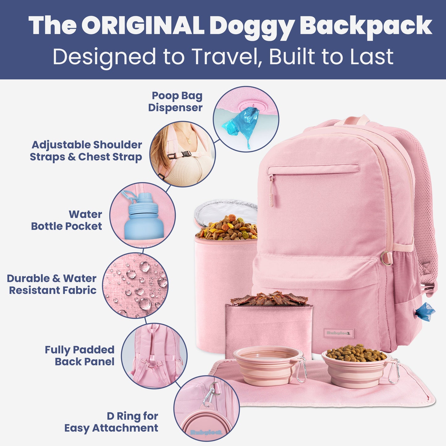 Pink dog travel backpack with compartments for food, bowls, and supplies
