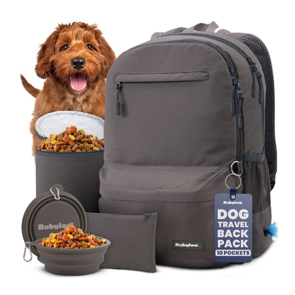 Grey dog travel backpack for organized, hands-free pet outings
