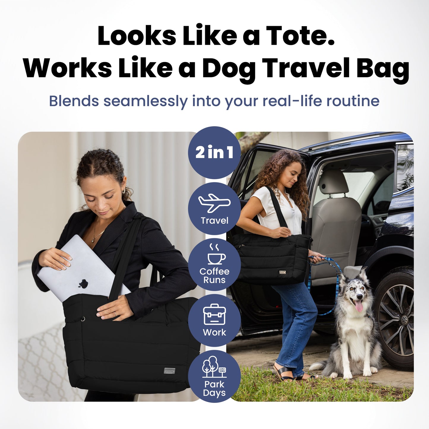 Black puffer dog travel bag selected by LAVORA for organizing pet essentials