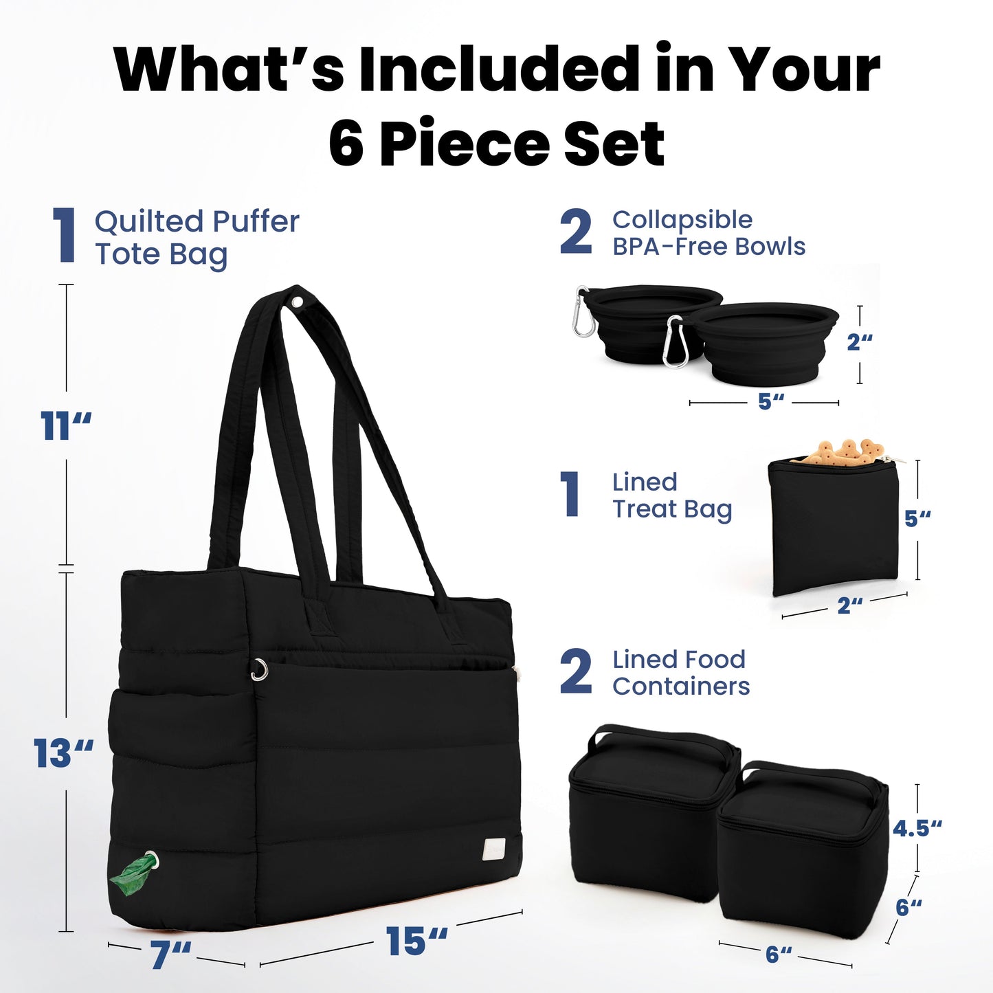 Puffer dog travel bag with compartments for food, bowls, and walking supplies