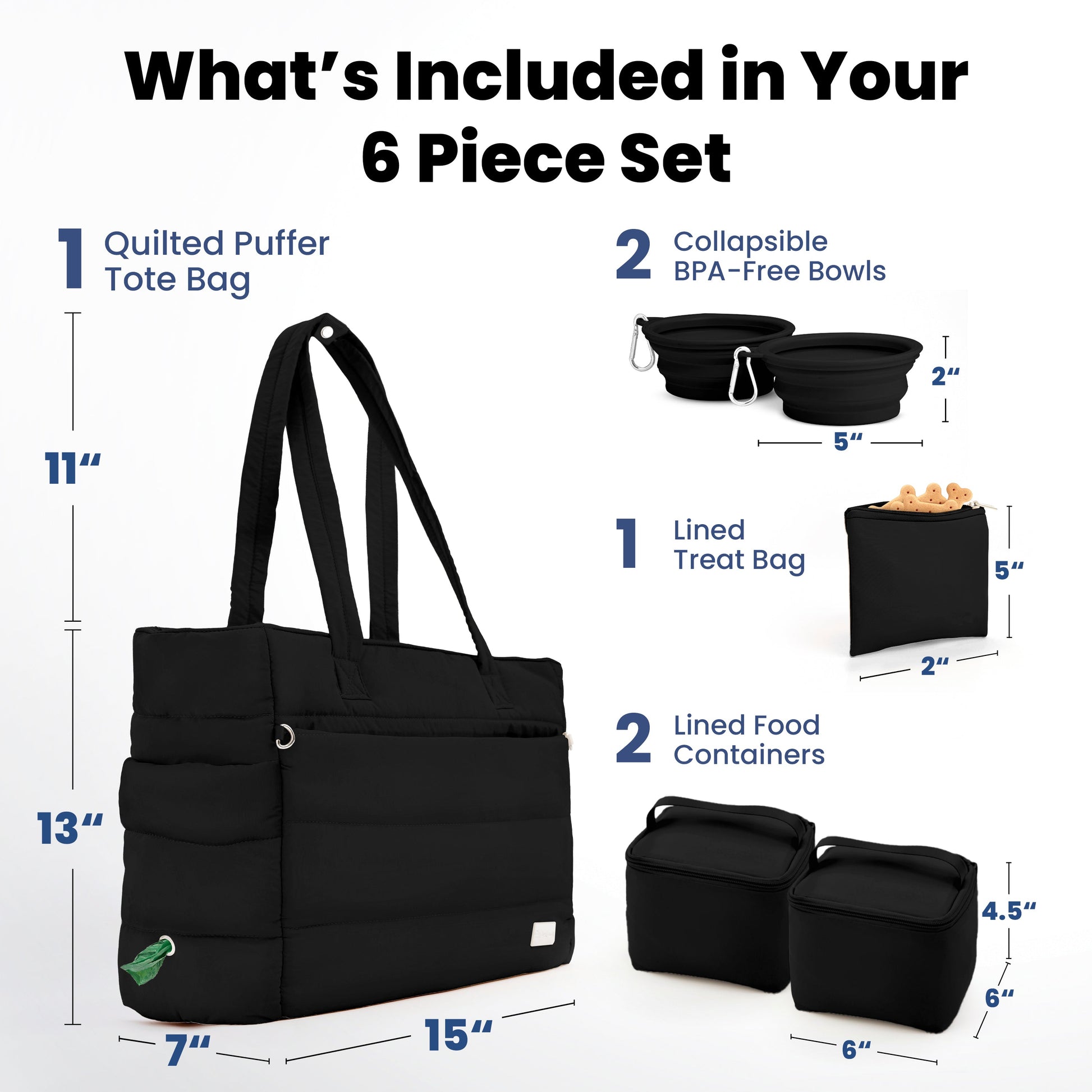 Puffer dog travel bag with compartments for food, bowls, and walking supplies