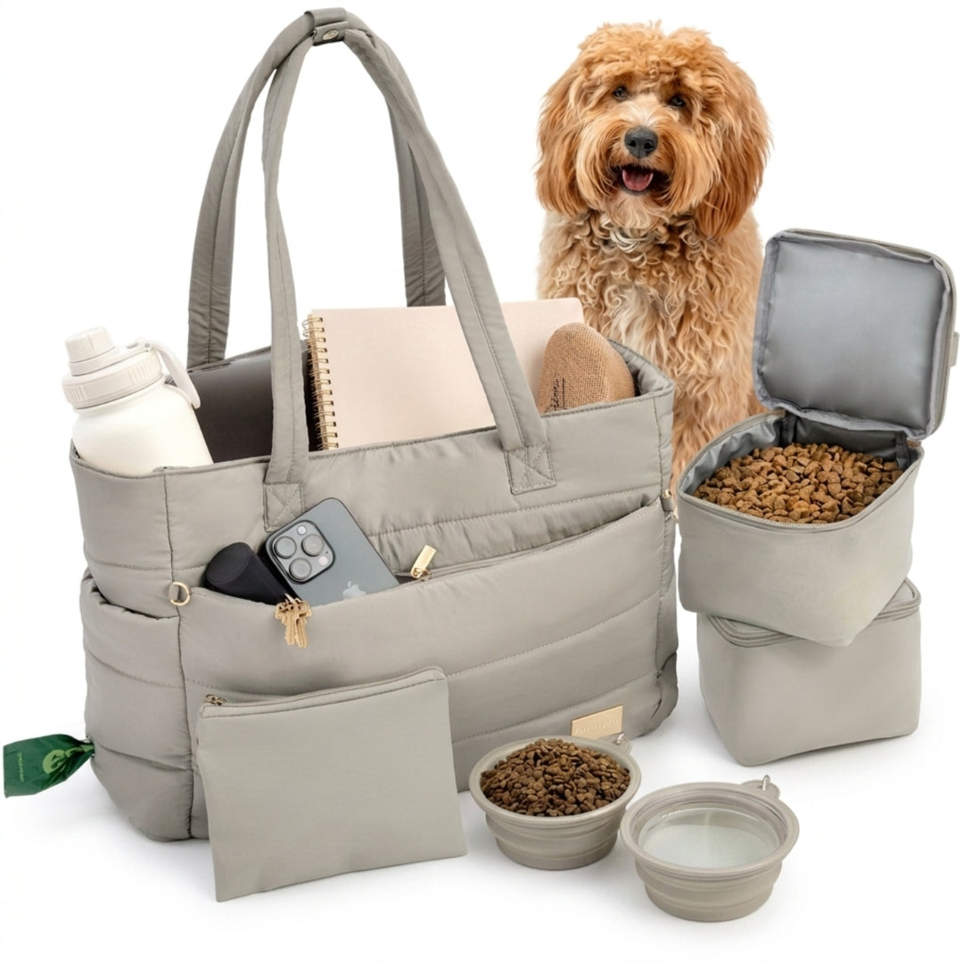 Khaki puffer dog travel bag for organized pet travel and day outings