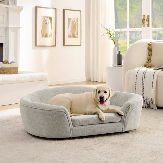 Oversized beige oval dog sofa bed in a bright living room — selected by LAVORA