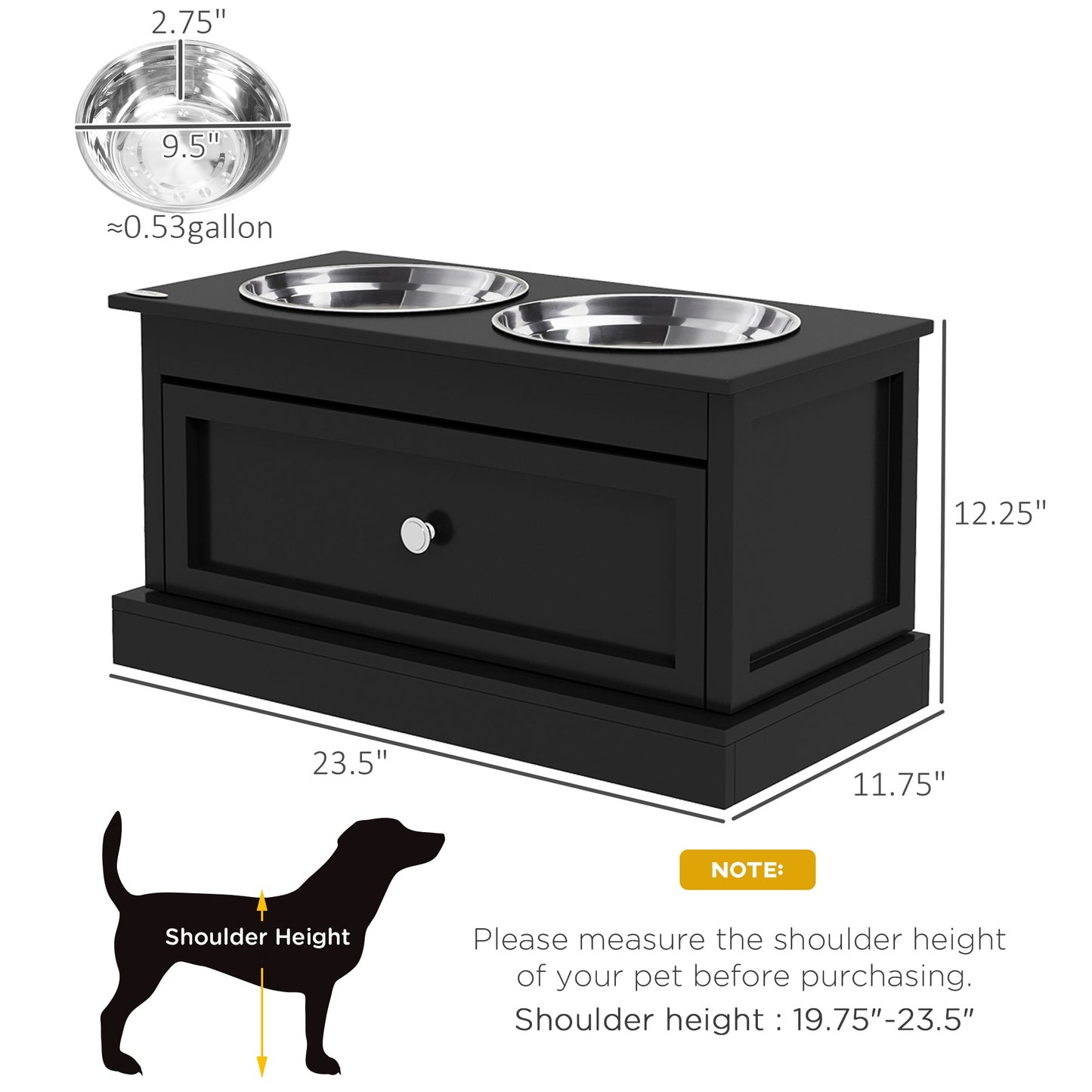 PawHut elevated dog bowl stand showing dimensions, bowl size, and recommended shoulder height for large dogs