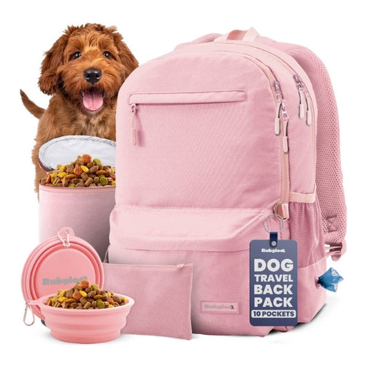 Rubyloo dog travel backpack in pink, selected by LAVORA for hands-free pet outings