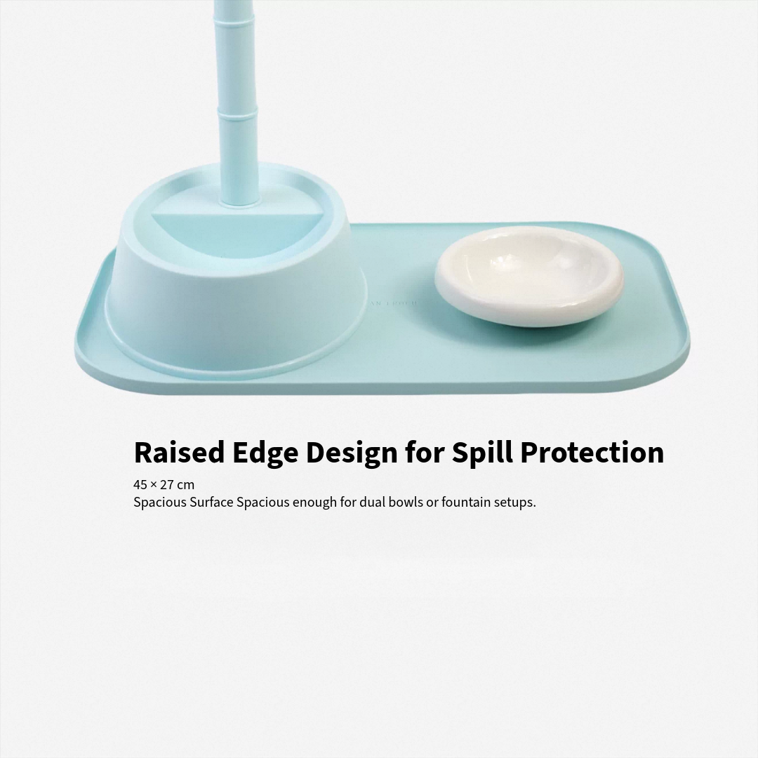 Raised-edge silicone pet feeding mat for an organized pet feeding corner