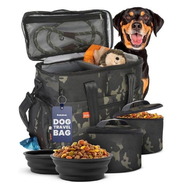 Camouflage dog travel bag for organized pet travel and day outings