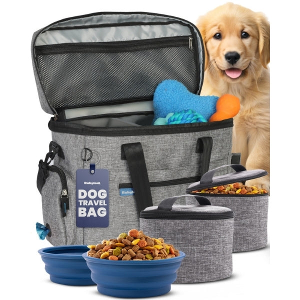 Grey dog travel bag for organizing pet supplies in one carry
