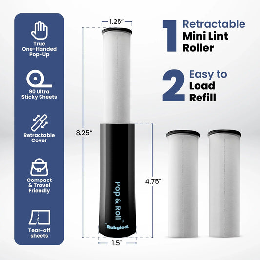 Mini lint roller with two refills for removing pet hair from clothing
