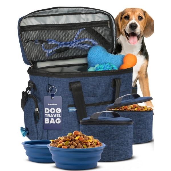 Navy dog travel bag for food, bowls, waste bags, and toys
