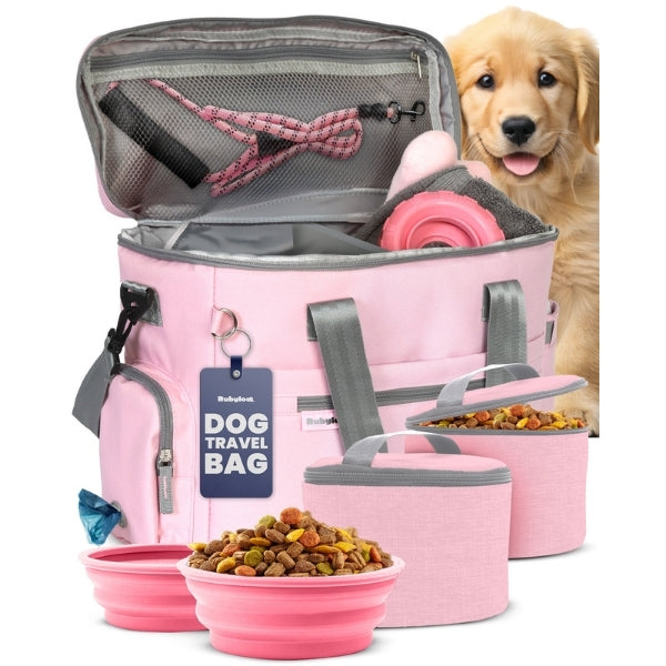 Pink dog travel bag for organizing food, bowls, and walking supplies