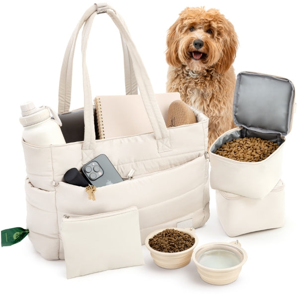 Beige puffer dog travel bag shown with its pet supply contents