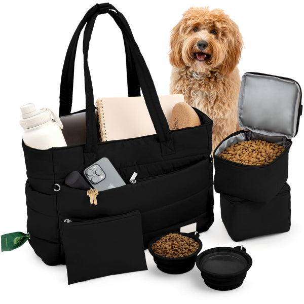 Rubyloo puffer dog travel bag in black, shown with its pet supply contents