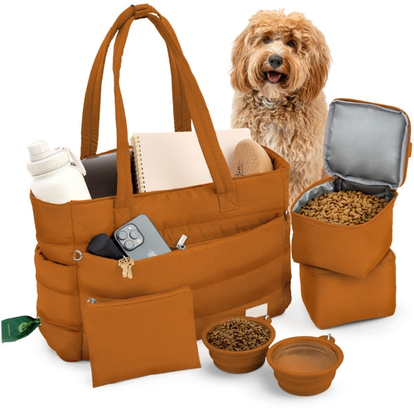 Earth-toned puffer dog travel bag shown with its pet supply contents