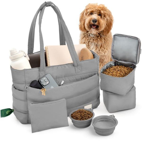 Grey puffer dog travel bag shown with its pet supply contents