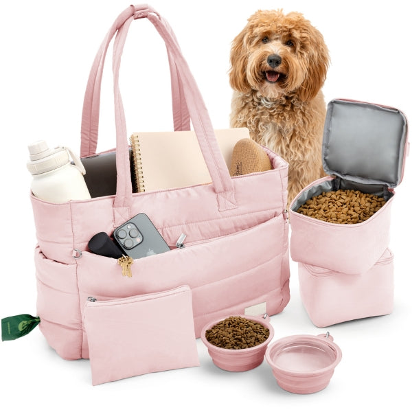 Light pink puffer dog travel bag shown with its pet supply contents