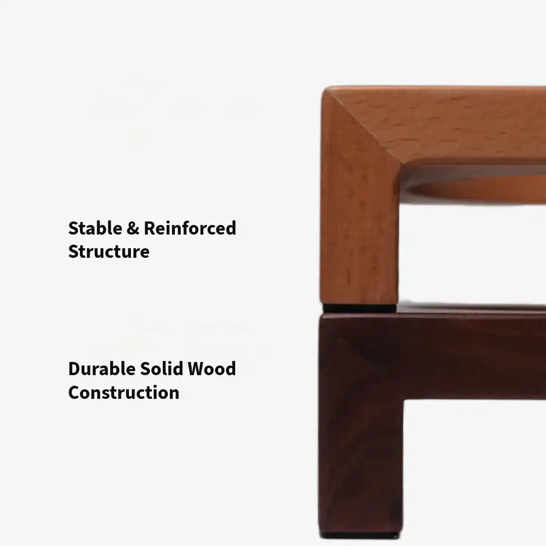 Wooden furniture corner with text 'Stable & Reinforced Structure' and 'Durable Solid Wood Construction'.